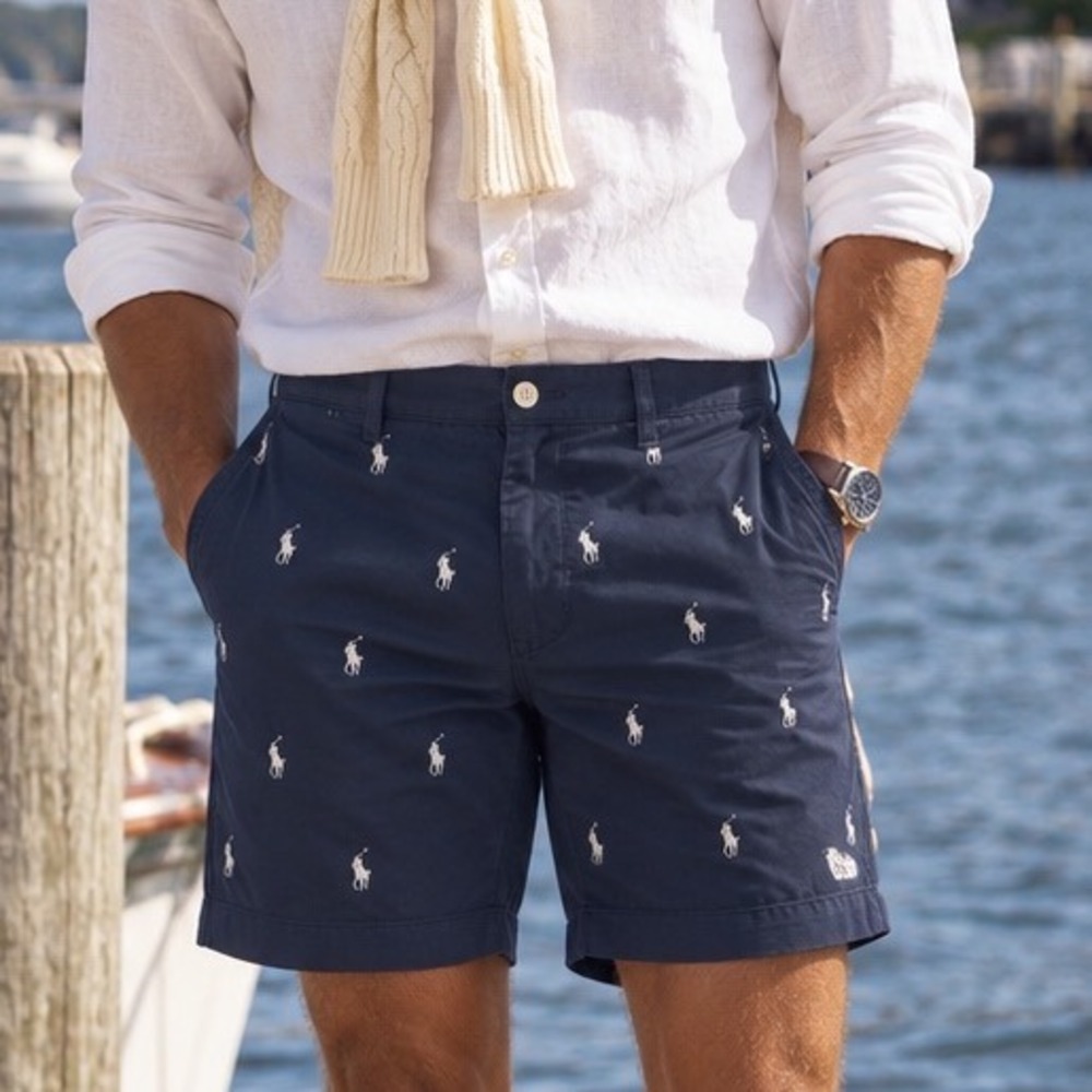 Polo Ralph Lauren Mens Navy Blue All Over Pony Logo Chino Shorts Size 34 B4